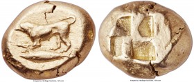 MYSIA. Cyzicus. Ca. 500-450 BC. EL stater (19mm, 16.09 gm). NGC XF 4/5 - 4/5. Dog (or wolf) at bay left, raising right forepaw, tail turned up over ba...