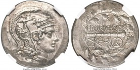 IONIA. Heraclea ad Latmun. Ca. 150-142 BC. AR tetradrachm (31mm, 16.59 gm, 12h). NGC MS 5/5 - 4/5. Helmeted head of Athena right / HPAKΛEOTΩN above cl...