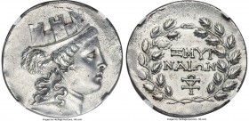 IONIA. Smyrna. Ca. 150-143 BC. AR tetradrachm (34mm, 16.65 gm, 12h). NGC Choice AU 4/5 - 3/5, brushed. Head of Tyche right, wearing turreted crown, ha...