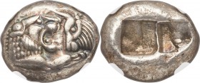 LYDIAN KINGDOM. Croesus or later (after ca. 561 BC). AR half stater or siglos (15mm, 5.42 gm). NGC Choice XF S 5/5 - 5/5. Sardes mint. Confronted fore...