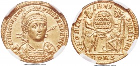 Constantius II, as Augustus (AD 337-361). AV solidus (21mm, 4.40 gm, 7h). NGC Choice AU S 5/5 - 4/5, edge crimp. Constantinople, AD 351-355. FL IVL CO...