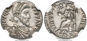 Eugenius (AD 392-394). AR siliqua (17mm, 1.71 gm, 1h). NGC AU S 5/5 - 5/5. Treveri (Trier). D N EVGENI-VS P F AVG, pearl-diademed, draped and cuirasse...