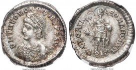 Theodosius II (AD 402-450). AR light miliarense (24mm, 4.31 gm, 7h). NGC MS 4/5 - 5/5, die shift. Constantinople, AD 408-420. D N THEODO-SIVS P F AVG,...