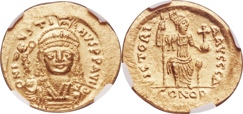 Justin II (AD 565-578). AV solidus (20mm, 4.46 gm, 5h). NGC Gem MS 5/5 - 5/5. Co...