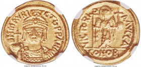 Maurice Tiberius (AD 582-602). AV solidus (19mm, 4.45 gm, 7h). NGC MS 4/5 - 5/5 (as Ravenna mint). Carthage, dated Indicitional Year 1 (AD 597/8). D N...