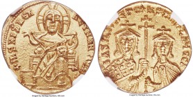Basil I the Macedonian (AD 867-886), with Constantine. AV solidus (19mm, 4.34 gm, 6h). NGC MS 5/5 - 4/5. Constantinople, AD 870-871. + IhS XPS RЄX-RЄG...