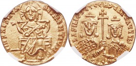 Basil I the Macedonian (AD 867-886), with Constantine. AV solidus (20mm, 4.44 gm, 6h). NGC MS 5/5 - 4/5. Constantinople, AD 870-871. + IhS XPS RЄX-RЄG...