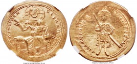 Isaac I Comnenus (AD 1057-1059). AV histamenon nomisma (25mm, 4.39 gm, 6h). NGC Choice AU 5/5 - 3/5, clipped. Constantinople. + IhS XIS RЄX-RЄGNANTInm...