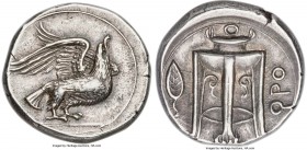 BRUTTIUM. Croton. Ca. 425-350 BC. AR nomos (24mm, 7.93 gm, 8h). NGC Choice XF S 4/5 - 5/5, Fine Style. Eagle standing right, with wings displayed and ...