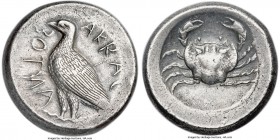 SICILY. Acragas. Ca. 465-446 BC. AR tetradrachm (27mm, 17.25 gm, 5h). NGC Choice XF 4/5 - 4/5. AKRAC-ANTOΣ (partially retrograde), eagle with folded w...