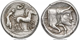 SICILY. Gela. Ca. 480-475 BC. AR tetradrachm (26mm, 17.28 gm, 12h). NGC XF S 5/5 - 5/5. Charioteer driving walking quadriga right, on double exergual ...