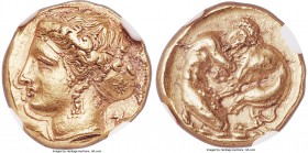 SICILY. Syracuse. Dionysius I (405-367 BC). AV 100 litrai (13mm, 5.80 gm, 9h). NGC Choice AU 4/5 - 4/5, die shift. Ca. 405-400 BC. ΣΥΡΑΚΟΣΙΩΝ, head of...