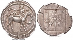 MACEDON. Mende. Ca. 460-423 BC. AR tetradrachm (27mm, 17.08 gm, 8h). NGC Choice XF S 4/5 - 5/5, Fine Style. Dionysus, bearded and nude save for mantle...