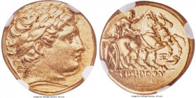 MACEDONIAN KINGDOM. Philip II (359-336 BC). AV stater (18mm, 8.56 gm, 11h). NGC Choice MS 5/5 - 4/5, Fine Style. Abydus, ca. 323-316 BC. Laureate head...