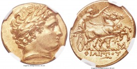 MACEDONIAN KINGDOM. Philip II (359-336 BC). AV stater (20mm, 8.57 gm, 7h). NGC MS S 5/5 - 5/5, Fine Style. Pella, struck under Philip III Arrhidaeus, ...