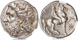 MACEDONIAN KINGDOM. Philip II (359-336 BC). AR tetradrachm (22mm, 14.36 gm, 10h). NGC AU 4/5 - 4/5, Fine Style. Posthumous issue of Pella, ca. 323/2-3...