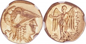 MACEDONIAN KINGDOM. Philip III Arrhidaeus (323-317 BC). AV stater (17mm, 8.60 gm, 2h). NGC Choice MS 5/5 - 4/5. Aradus, ca. 323-316 BC. Head of Athena...