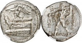 MACEDONIAN KINGDOM. Demetrius I Poliorcetes (306-283 BC). AR tetradrachm (27mm, 17.10 gm, 4h). NGC Choice MS 5/5 - 5/5. Pella, 294-293 BC. Nike standi...