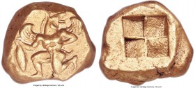 MYSIA. Cyzicus. Ca. 500-450 BC. EL stater (19mm, 16.13 gm). NGC AU 5/5 - 3/5, Fine Style. Nude male figure (Phobos?) kneeling left, with rounded wings...