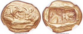 LYDIAN KINGDOM. Croesus (ca. 561-546 BC). AV stater (16mm, 8.03 gm). NGC AU S 5/5 - 5/5. Sardes, "Light" standard, ca. 553-539 BC. Confronted forepart...