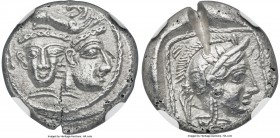PHILISTIA. 5th-4th centuries BC. AR drachm (15mm, 3.47 gm, 6h). NGC Choice AU 5/5 - 2/5, test cut. Hybrid janiform bust; female head right combined wi...