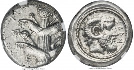 CYRENAICA. Cyrene. Ca. 480-435 BC. AR tetradrachm (25mm, 17.16 gm, 5h). NGC Choice AU 4/5 - 4/5, Fine Style. Silphium plant / KVPA, head of Zeus Ammon...