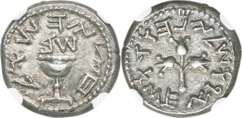JUDAEA. The Jewish War (AD 66-70). AR half-shekel (18mm, 6.85 gm, 12h). NGC Choi...