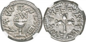 JUDAEA. The Jewish War (AD 66-70). AR half-shekel (18mm, 6.85 gm, 12h). NGC Choice AU s 5/5 - 5/5. Jerusalem (Temple?) mint, dated Year 2 (April AD 67...