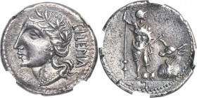 Social War. Marsic Confederation (91-88 BC). AR denarius (19mm, 3.86 gm, 4h). NGC AU s 5/5 - 4/5. Bovianum (?) mint, 89 BC. VITELIU (Oscan), laureate ...