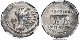 Divus Julius Caesar (died 44 BC). AR denarius (20mm, 3.50 gm, 2h). NGC AU 4/5 - 5/5. Rome, 40 BC, Q. Voconius Vitulus, moneyer. DIVI • IVLI, wreathed ...