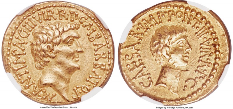 Marc Antony and Octavian, as Triumvirs (43-36 BC). AV aureus (20mm, 7.99 gm, 1h)...