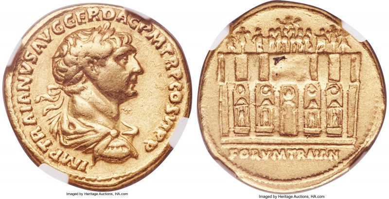 Trajan (AD 98-117). AV aureus (19mm, 7.22 gm, 6h). NGC Choice VF 5/5 - 4/5. Rome...
