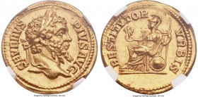 Septimius Severus (AD 193-211). AV aureus (21mm, 7.22 gm, 6h). NGC MS 5/5 - 5/5, Fine Style. Rome, AD 207. SEVERVS-PIVS AVG, laureate head of Septimiu...