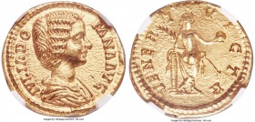 Julia Domna (AD 193-217). AV aureus (20mm, 7.11 gm, 12h). NGC Gem MS 5/5 - 5/5. Rome, AD 194. IVLIA DO-MNA AVG, draped bust of Julia Domna right, seen...