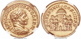 Caracalla, as Augustus (AD 198-217). AV aureus (20mm, 7.43 gm, 1h). NGC Choice XF 5/5 - 3/5, Fine Style. Rome, AD 215. ANTONINVS PIVS AVG GERM, laurea...