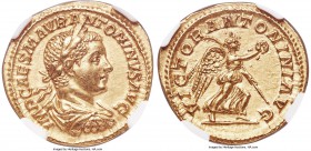 Elagabalus (AD 218-222). AV aureus (21mm, 6.36 gm, 1h). NGC Choice AU 5/5 - 4/5, Fine Style. Rome, AD 219. IMP CAES M AVR ANTONINVS AVG, laureate, dra...