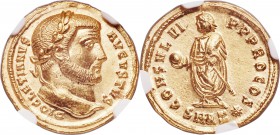 Diocletian (AD 284-305). AV aureus (25mm, 5.34 gm, 5h). NGC MS 5/5 - 4/5. Consular issue, Antioch, AD 296-297. DIOCLETIANVS-AVGVSTVS, laureate head of...