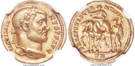 Maximian (AD 286-310). AV aureus (19mm, 5.33 gm, 11h). NGC AU S 5/5 - 5/5. Treveri (Trier), AD 295-305. MAXIMIA-NVS P F AVG, laureate, larger-sized he...