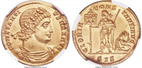 Constantius II, as Augustus (AD 337-361). AV solidus (22mm, 4.25 gm, 1h). NGC MS s 5/5 - 4/5, clipped. Siscia, AD 337-340. CONSTANTI-VS MAX AVG, roset...