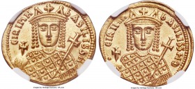 Irene, Sole Reign (AD 797-802). AV solidus (20mm, 4.38 gm, 6h). NGC MS 5/5 - 4/5. Constantinople. ЄIRIhH-bASILISSH, facing bust of Irene, wearing loro...