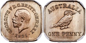 George V copper-nickel Kookaburra Pattern Penny 1921 MS64 NGC, Melbourne mint, KM-Pn21, Rennik-T12E. 18mm. 3.90gm. By Sir Bertram Mackennal. Obv. Smal...