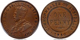 George V Penny 1930-(m) VF30 PCGS, Melbourne mint, KM23. Indian obverse die. Featuring the crowned, draped bust of King George V, this deeply patinate...