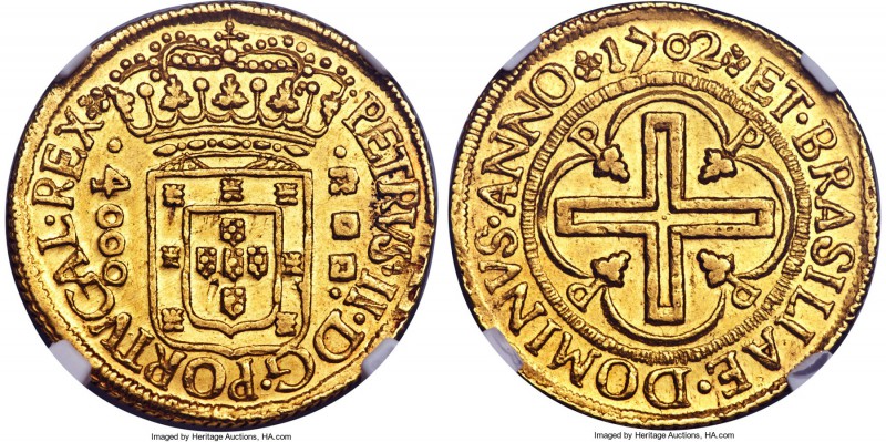 Pedro II gold 4000 Reis 1702-P MS62 NGC, Pernambuco mint, KM99, Russo-39, Gomes-...