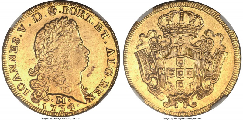 João V gold 6400 Reis 1734-M AU55 NGC, Minas Gerais mint, KM135, Russo-282. Shar...