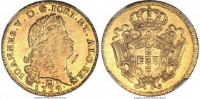 João V gold 6400 Reis 1734-M AU55 NGC, Minas Gerais mint, KM135, Russo-282. Sharply struck with considerable mint luster and strong detailing througho...