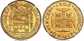 João V gold 10000 Reis 1725-M MS63 NGC, Minas Gerais mint, KM116, Fr-34, Russo-257. Lightly toned with rose and graphite hues atop a rich, original go...
