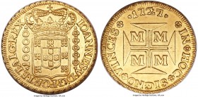 João V gold 10000 Reis 1727-M MS62 NGC, Minas Gerais mint, KM116, Russo-247, Gomes-104.04. Fully lustrous with wide, dentilated rims, this scarce, fin...