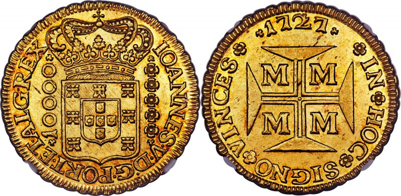 João V gold 10000 Reis 1727-M MS62 NGC, Minas Gerais mint, KM116, LMB-O247. Alth...