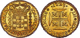 João V gold 10000 Reis 1727-M MS62 NGC, Minas Gerais mint, KM116, LMB-O247. Although already impressive as a better date of a relatively brief four-ye...
