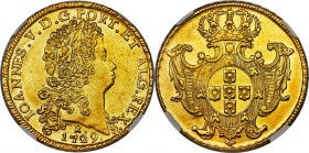 João V gold 12800 Reis (Dobra) 1729-R AU58 NGC, Rio de Janeiro mint, KM140, Russo-195. A lustrous and sharply detailed example of this popular type, s...